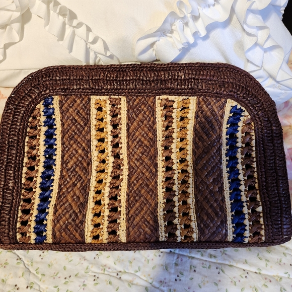 Sezane Raffia Clutch Bag In Brown, Ecru, & Blue - Picture 2 of 7
